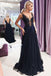 V-Neck Backless Evening Gown with Appliques Dark Navy Prom Dress PDH31