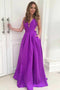 Simple A-Line Deep V-Neck Backless Long Purple Satin Prom Dress with Pockets PDJ34