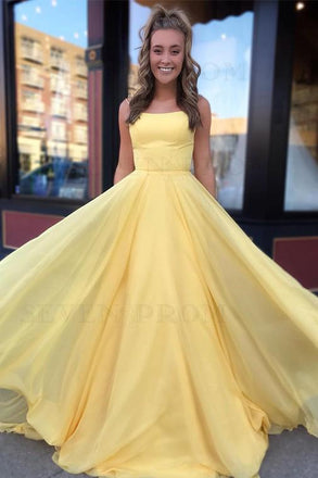 Yellow Long Chiffon A Line Prom Dresses 2020 with Lace Up Back PDS51