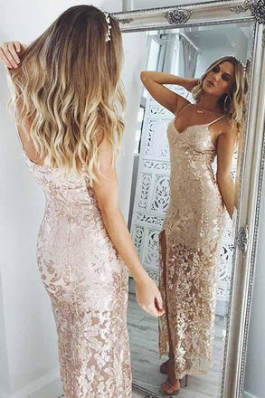 Mermaid Spaghetti Straps Pearl Pink Sequined Split Sexy Prom Dress PDE86