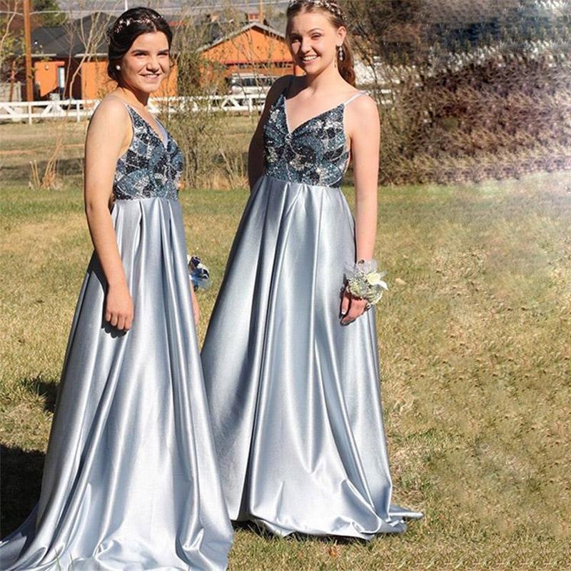 A-Line Spaghetti Straps Backless Blue Popular Prom Dress with Beading,Bridesmaid Dresses PDH53