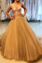 Pretty A-Line Spaghetti Straps Tulle Gold Long Prom Dresses PDH7