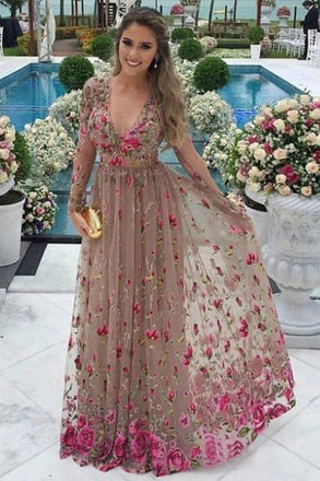 A-Line V-Neck Long Sleeves Tulle Prom Dresses with Floral Appliques PDN10