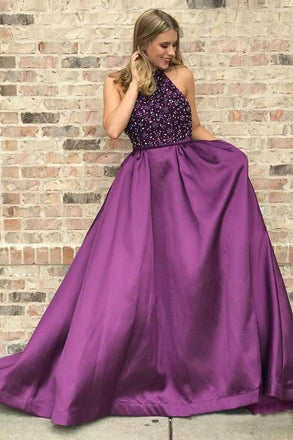 Halter Purple Long Satin Prom Dresses Beaded Junior Evening Gown PDI6