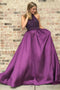 Halter Purple Long Satin Prom Dresses Beaded Junior Evening Gown PDI6