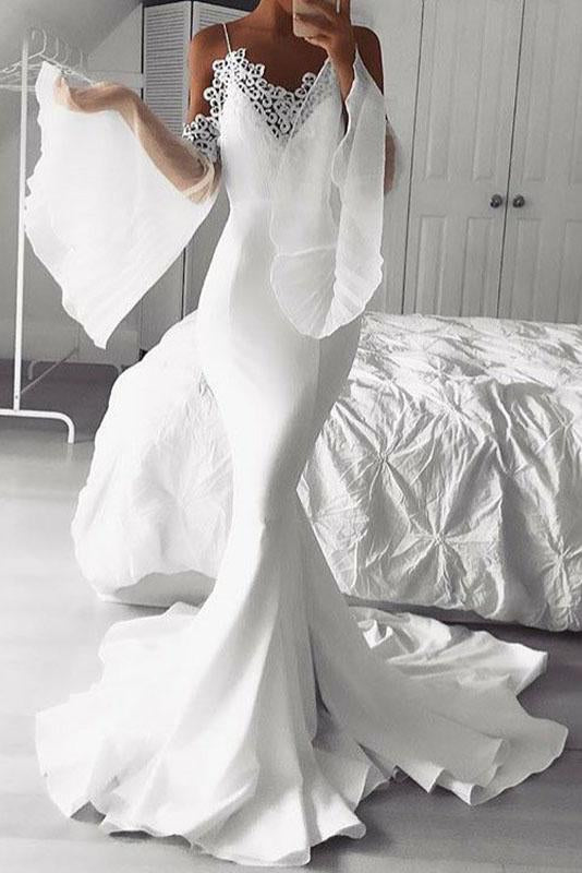 Mermaid Cold Shoulder Flare Sleeves White Prom Dress with Lace PDK68