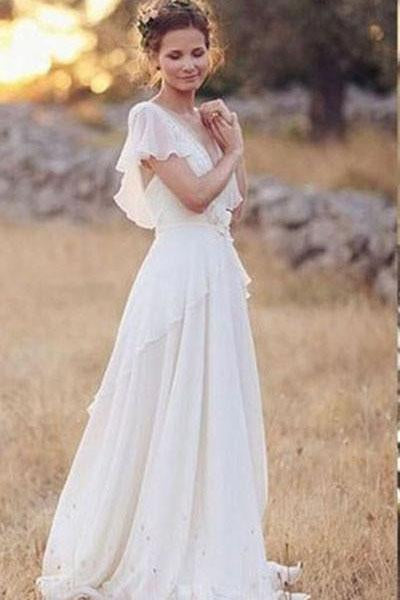 Charming A-Line Ivory  V-Neck Chiffon Wedding Dresses,Cheap Bridal Dress PDJ5