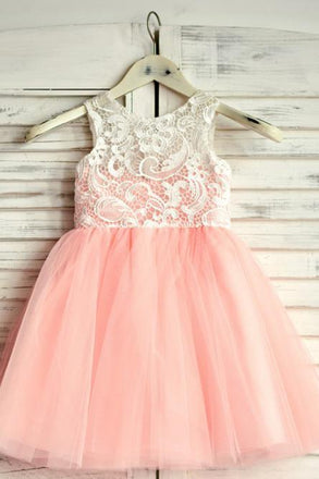 A-Line Round Neck Floor-Length Pink Flower Girl Dress with Lace PDP19