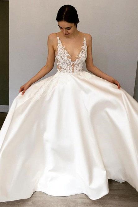 A-Line Deep V-Neck Floor-Length Satin Wedding Dress with Lace Appliques PDR42