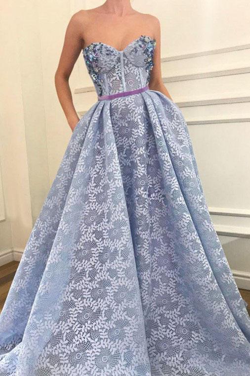 Stunning A-Line Sweetheart Light Blue Lace Prom Dress with Pockets Beading PDQ95