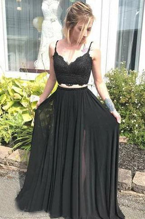 Spaghetti Strap V Neck Two Piece Long Prom Dresses Black Lace Evening Dress PDO99