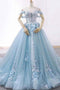 Light Blue Sweetheart Tulle Appliques Ball Gown Prom Dresses PDE89