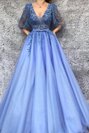 A-Line V-Neck Half Sleeves Tulle Prom Dress with Appliques PDQ94