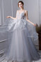 Gray A Line Long Spaghetti Straps Prom Dresses With Lace PDK58