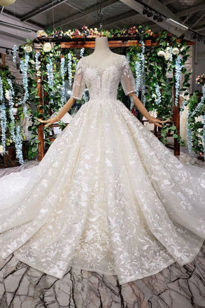 Lace Half Sleeves Ball Gown Wedding Dresses, Fashion Beading Big Wedding Gown PDK3