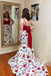 Mermaid Spaghetti Straps Floral Print Red Top Prom Dresses PDI84