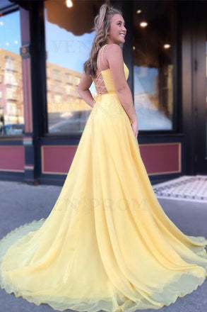 Yellow Long Chiffon A Line Prom Dresses 2020 with Lace Up Back PDS51