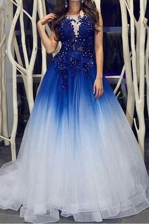 Elegant Royal Blue White Ombre Long Prom Dresses with Appliques for Teens PDH18