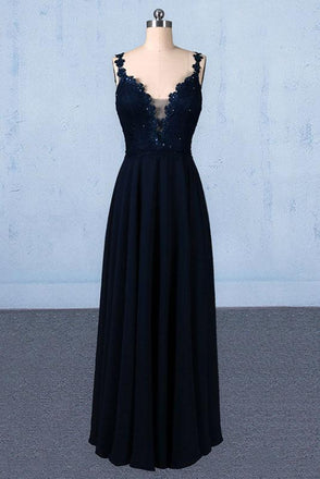 Navy Blue Chiffon V Neck A Line Long Prom Dresses With Lace Top PDQ21