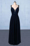 Navy Blue Chiffon V Neck A Line Long Prom Dresses With Lace Top PDQ21