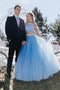 Stunning A Line Off the Shoulder Two Piece Sky Blue Tulle Prom Dresses PDH72