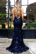 Mermaid Spaghetti Straps Lace Backless Navy Blue Prom Dress PDJ31